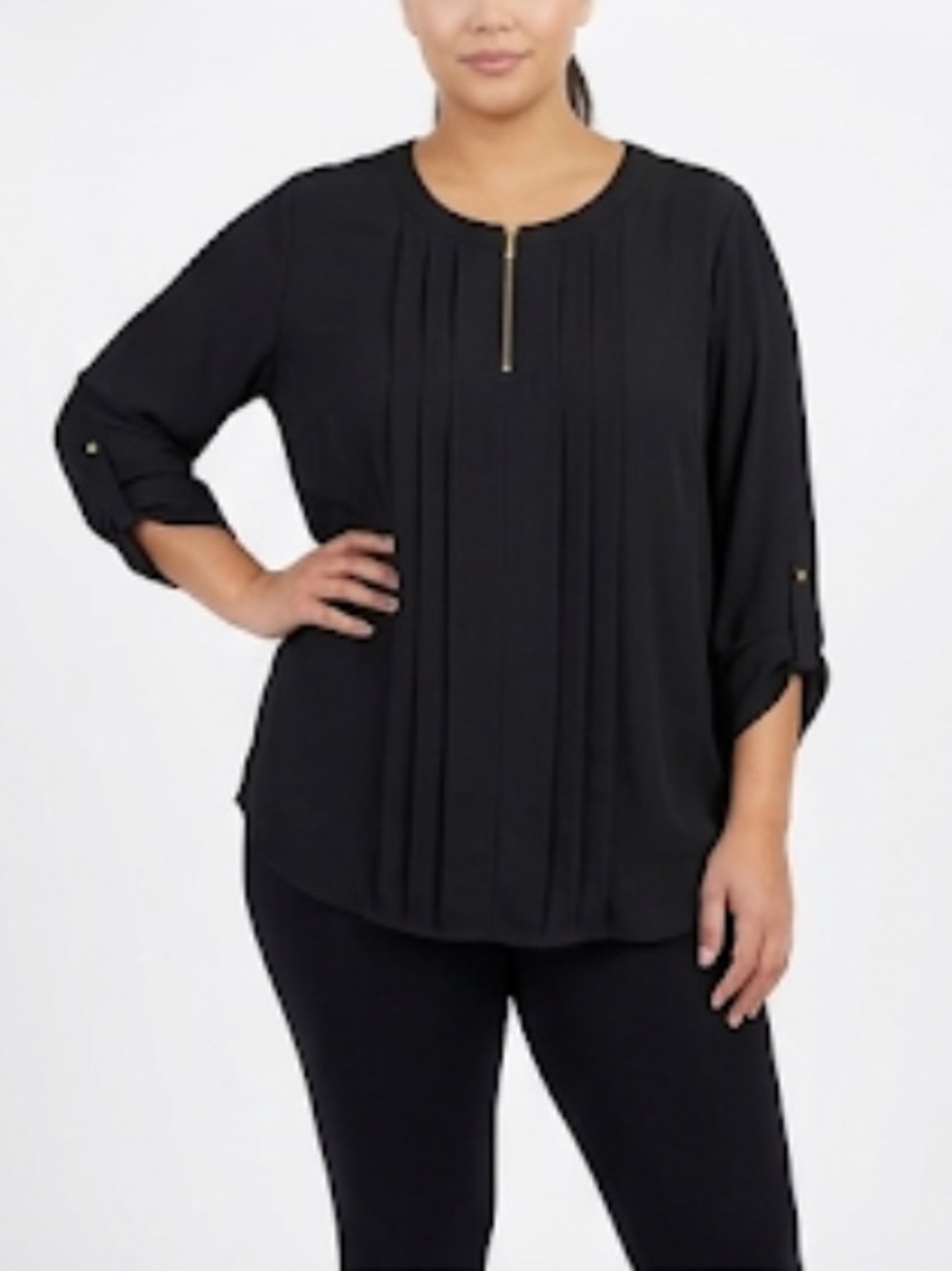 Always Indigo Long Sleeve Black Blouse Size 3X 1/4 Gold Zipper